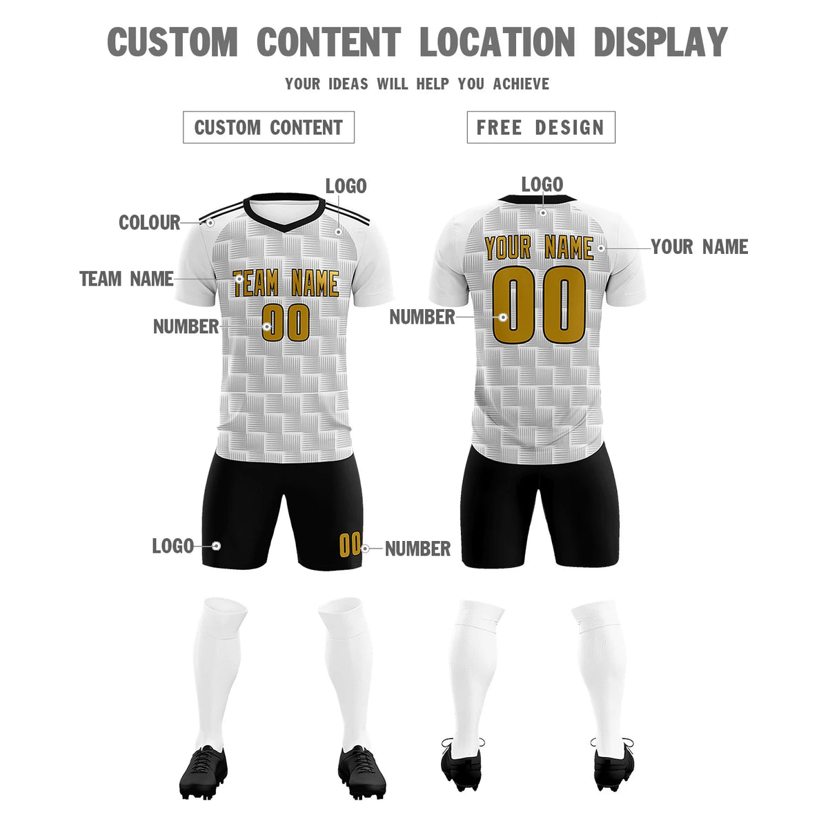 Custom White Black Casual Outdoor Soccer Sets Jersey