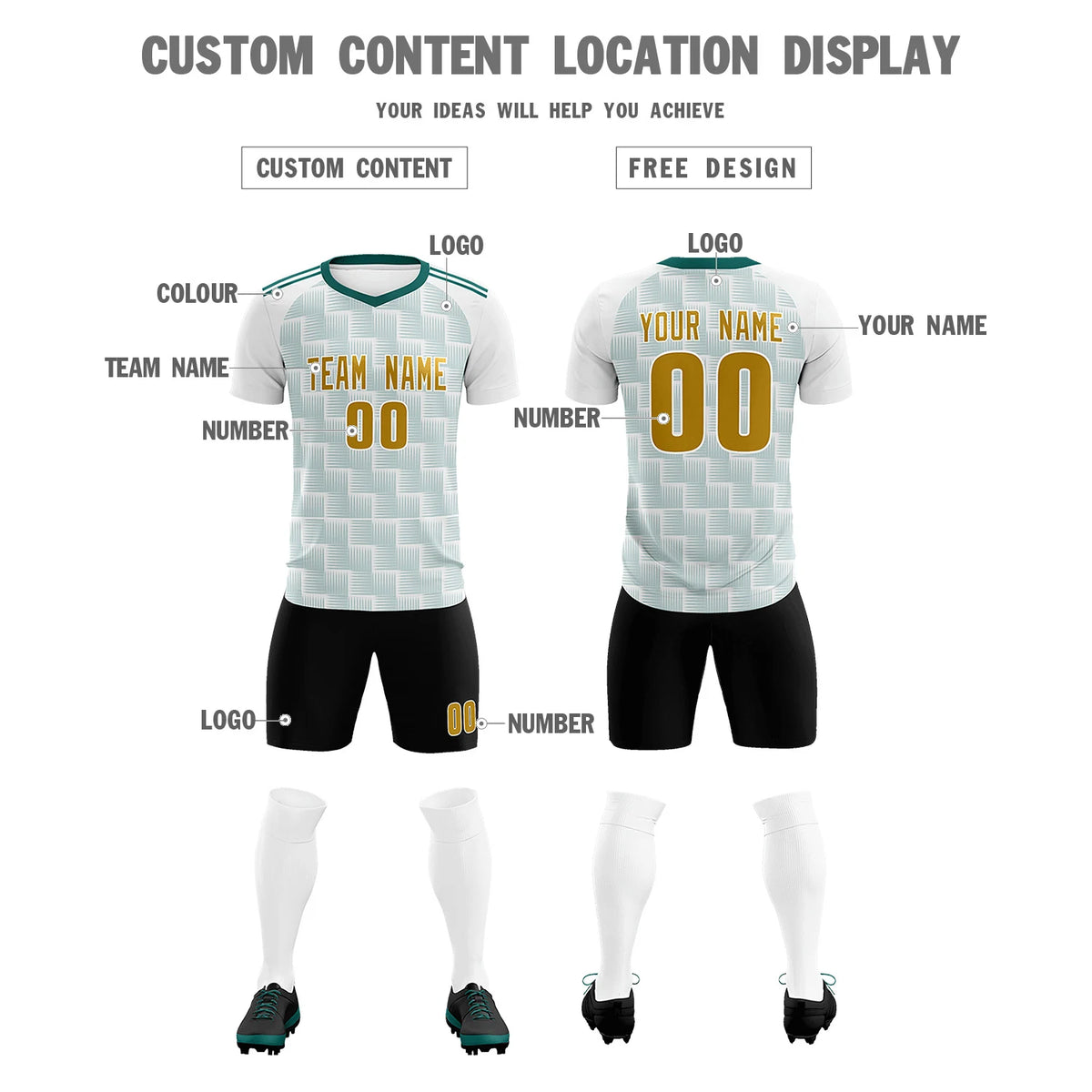 Custom White Midnight Green Casual Outdoor Soccer Sets Jersey