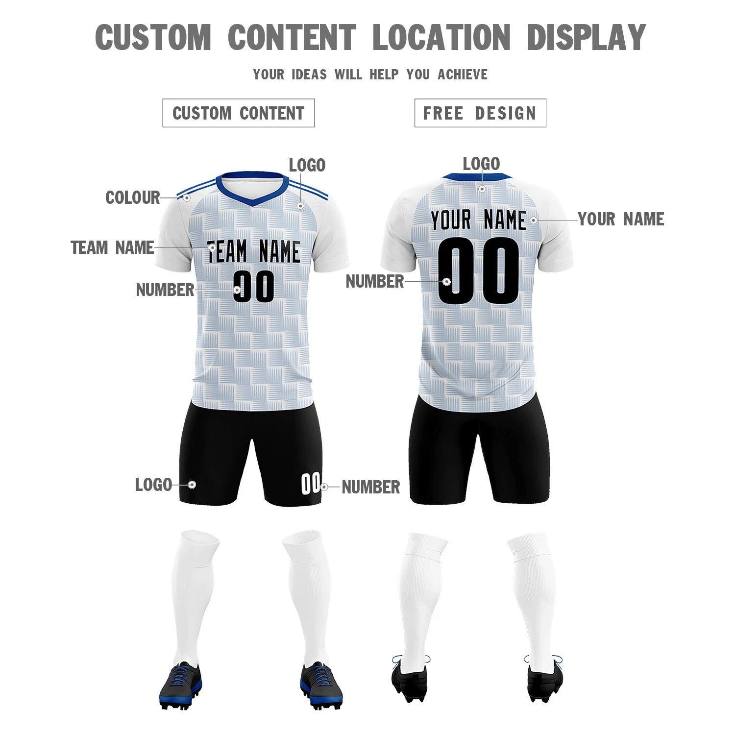 Custom White Royal Blue Casual Outdoor Soccer Sets Jersey