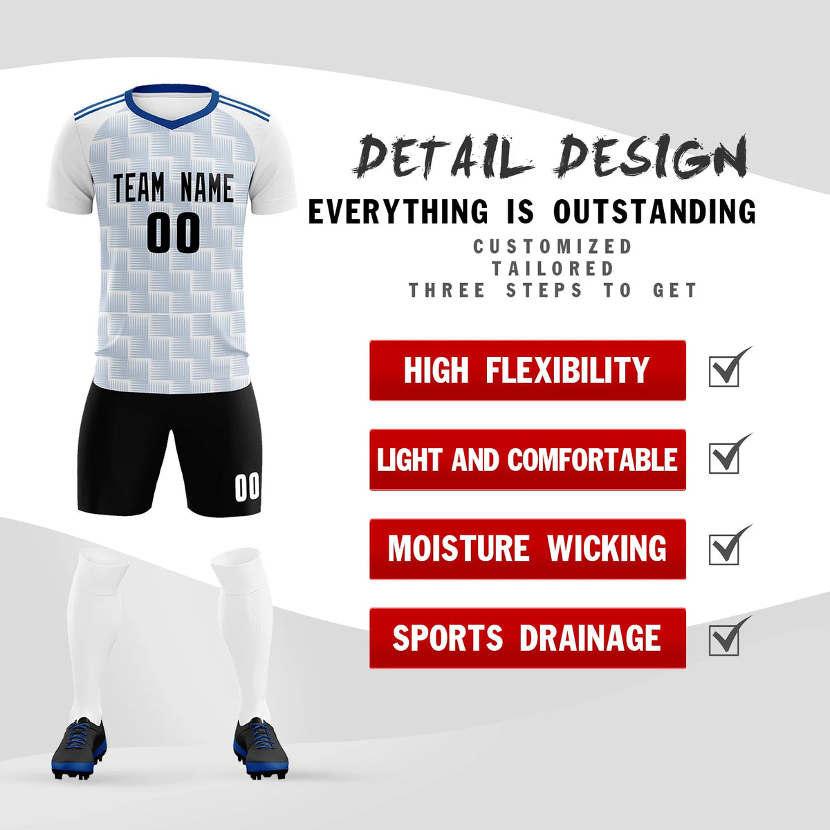 Custom White Royal Blue Casual Outdoor Soccer Sets Jersey