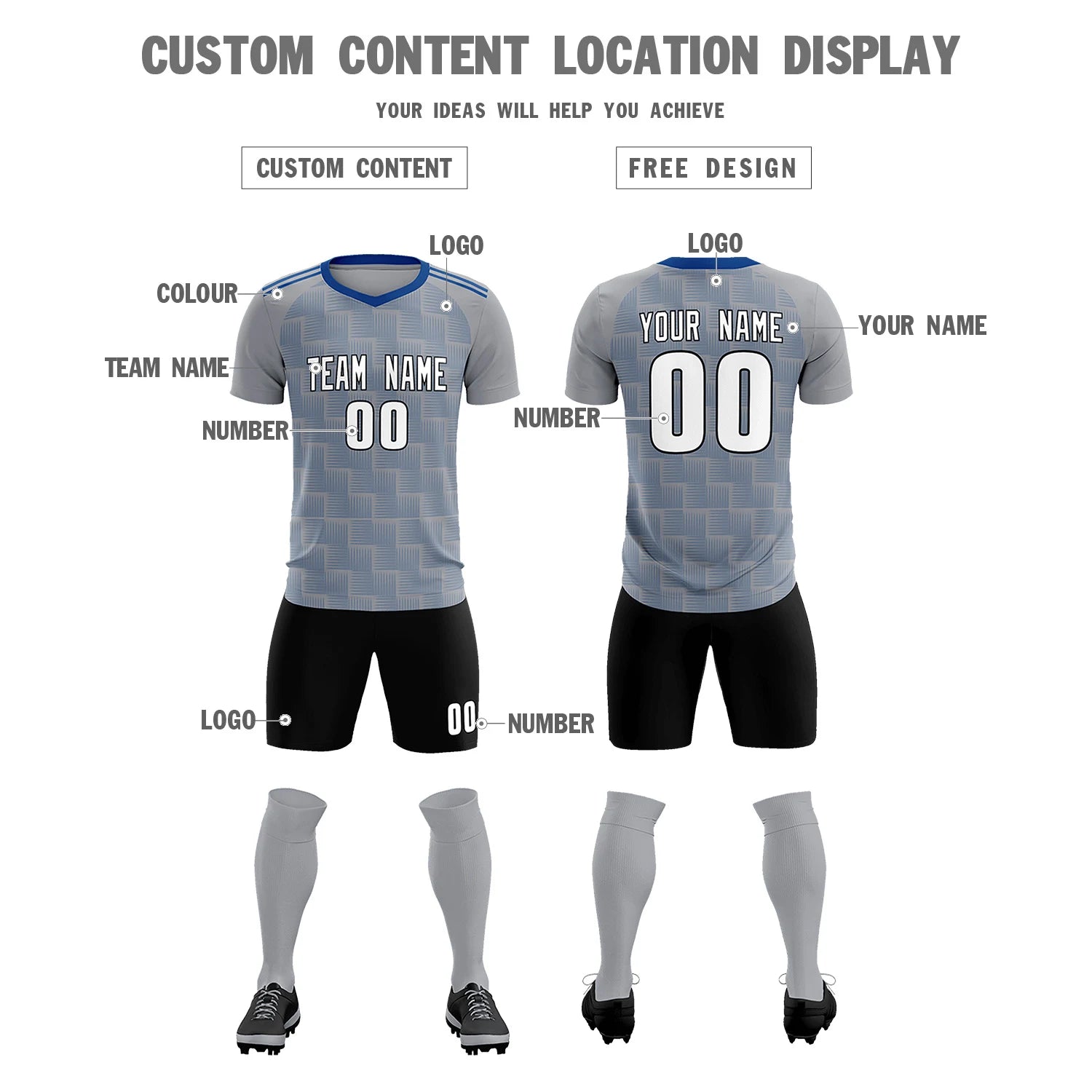 Custom Gray Royal Blue Casual Outdoor Soccer Sets Jersey