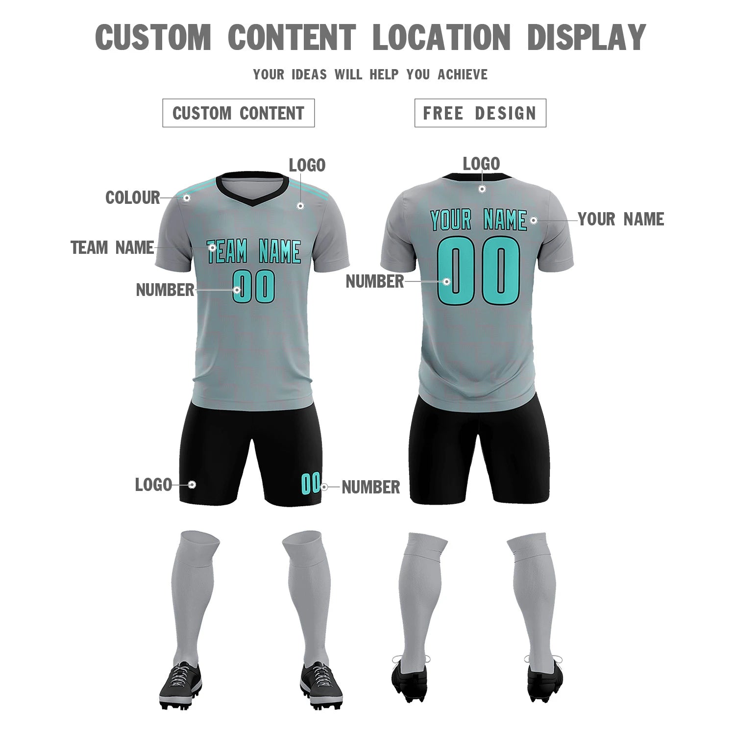 Custom Gray Black Casual Outdoor Soccer Sets Jersey