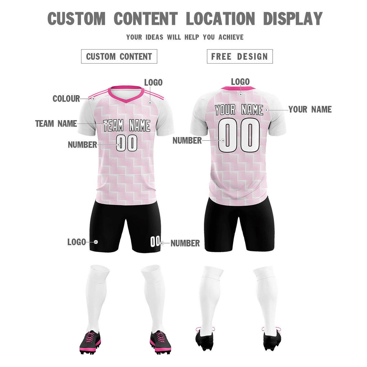 Custom White Pink Casual Outdoor Soccer Sets Jersey