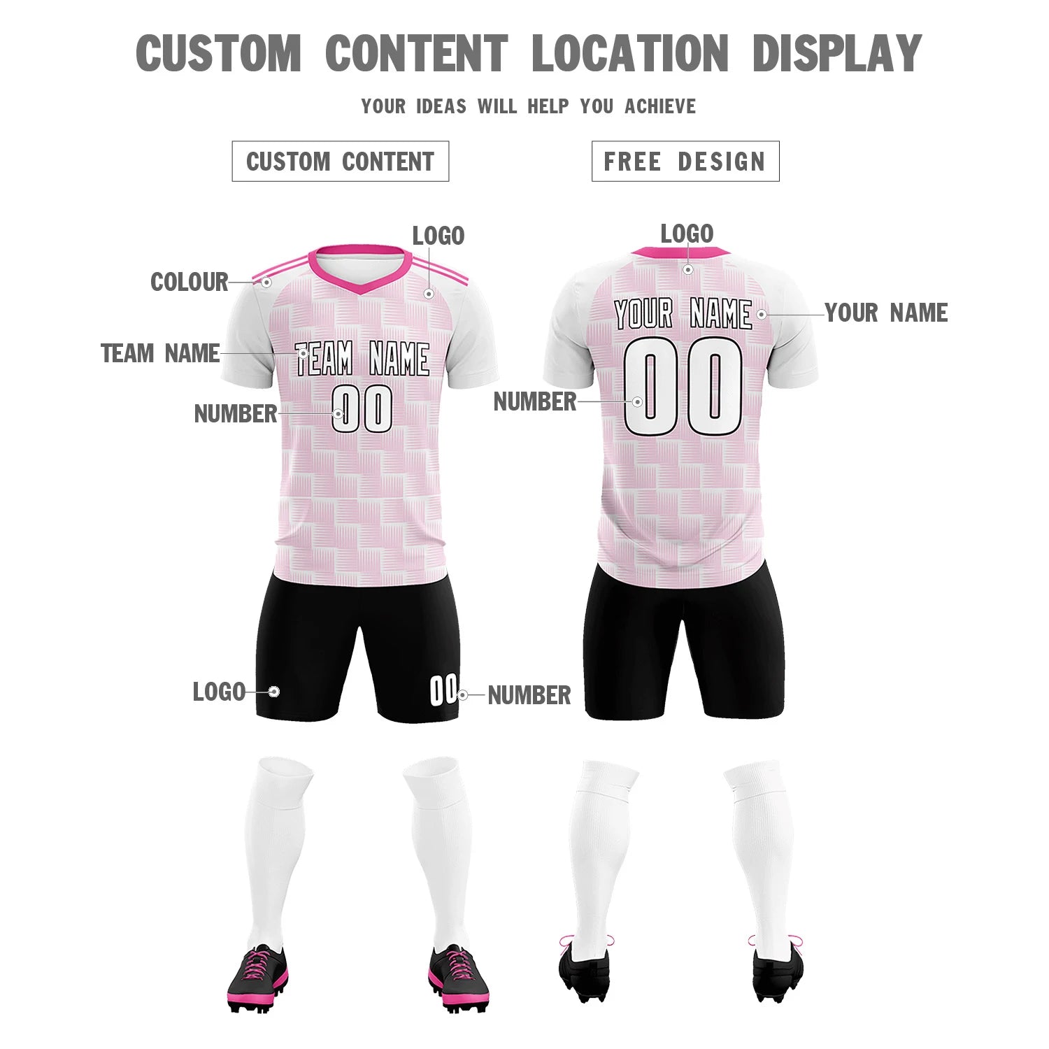 Custom White Pink Casual Outdoor Soccer Sets Jersey
