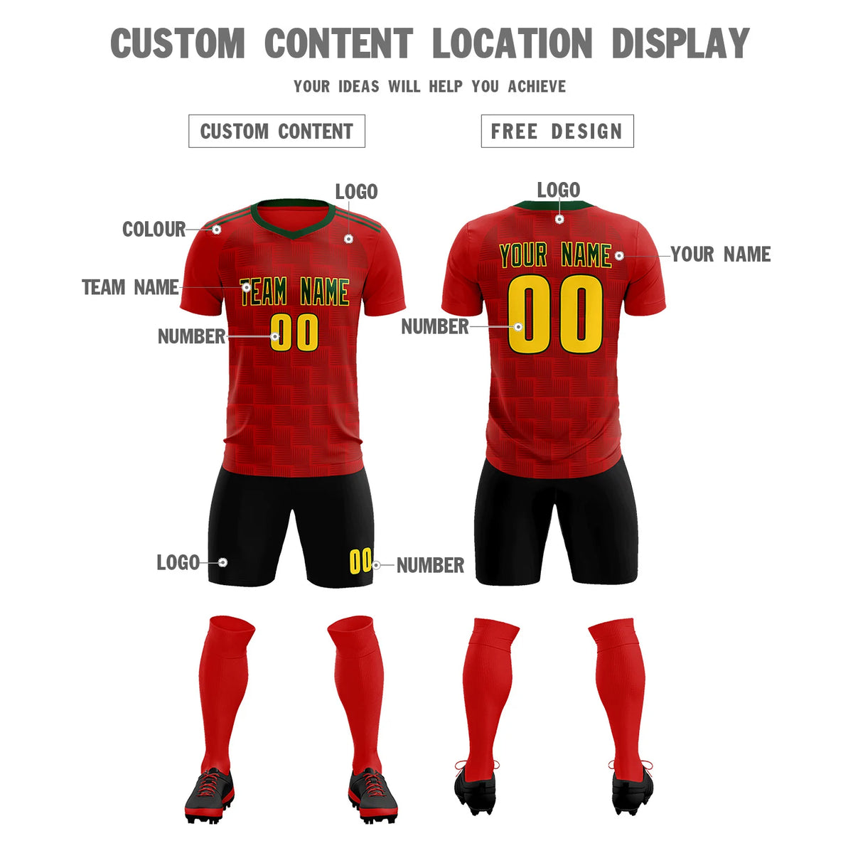 Custom Red Green Casual Outdoor Soccer Sets Jersey