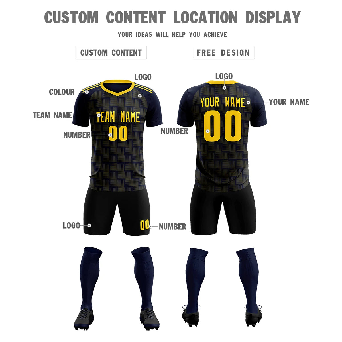 Custom Navy Gold01 Casual Outdoor Soccer Sets Jersey