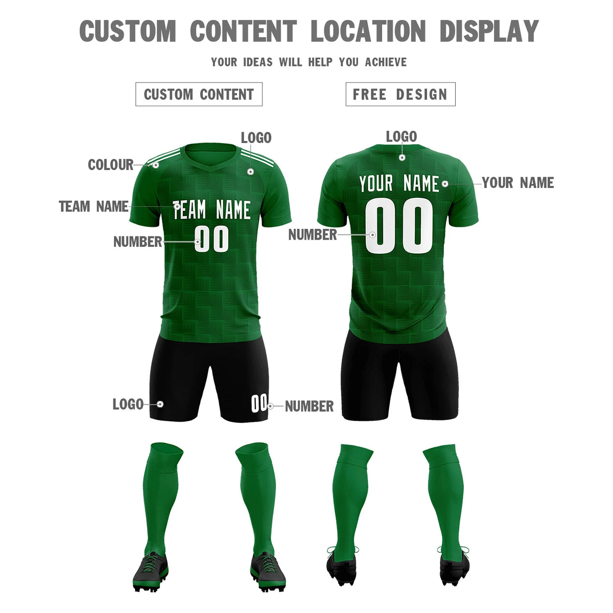 Custom Kelly Green Black Casual Outdoor Soccer Sets Jersey