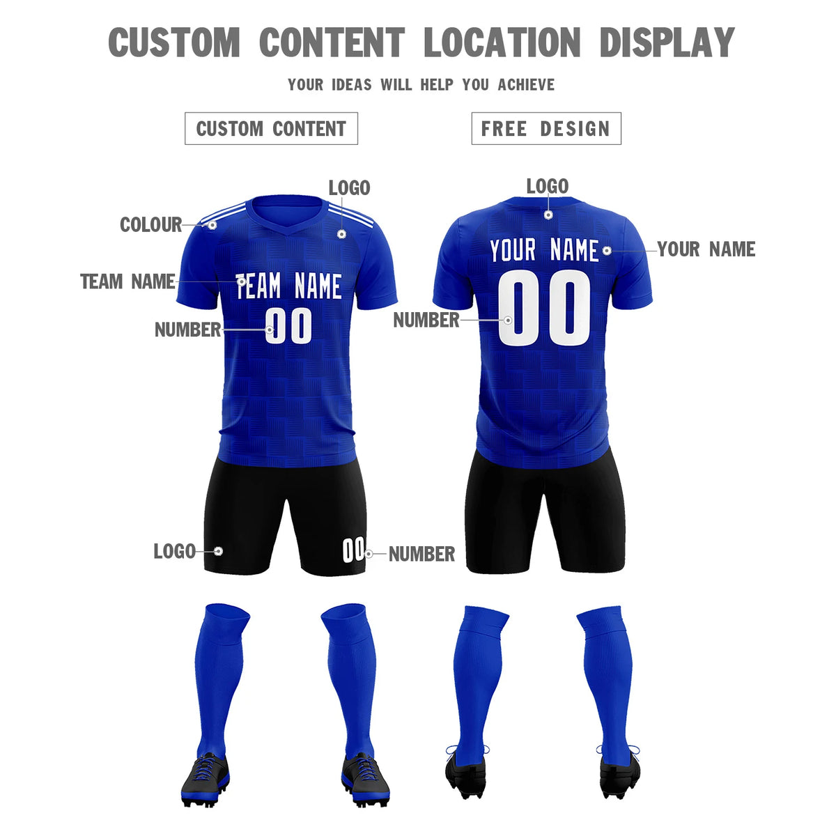 Custom Royal Blue Black Casual Outdoor Soccer Sets Jersey
