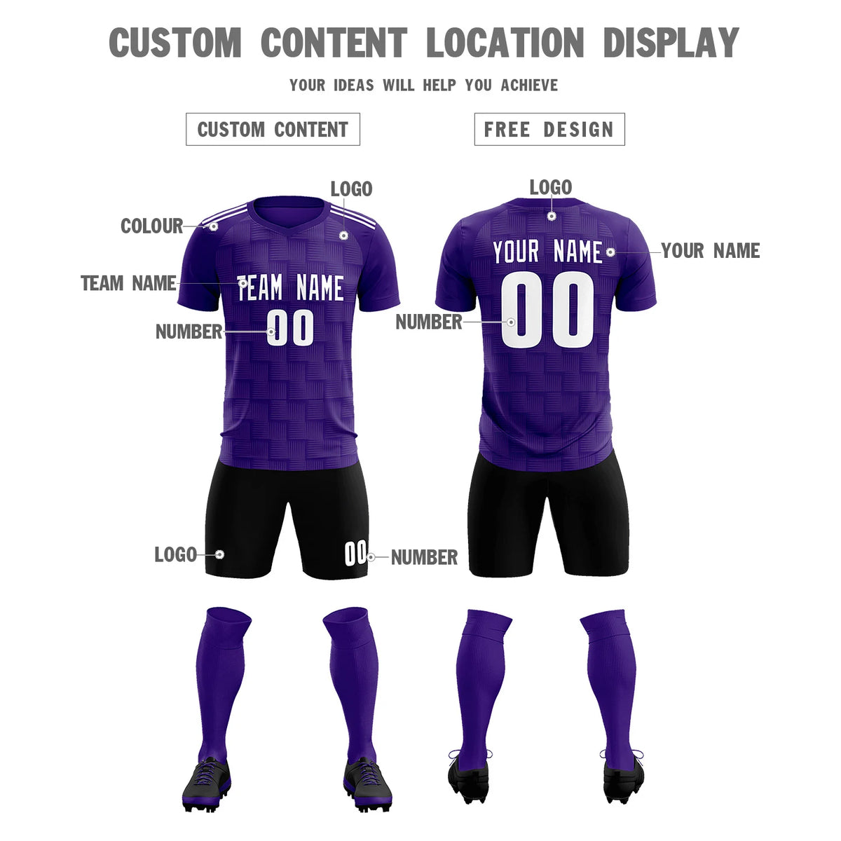 Custom Purple Black Casual Outdoor Soccer Sets Jersey