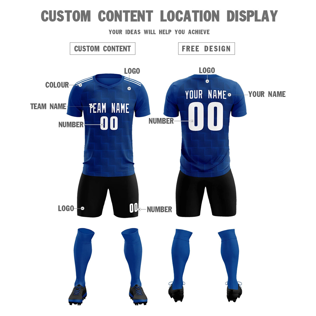 Custom Royal Blue Black Casual Outdoor Soccer Sets Jersey