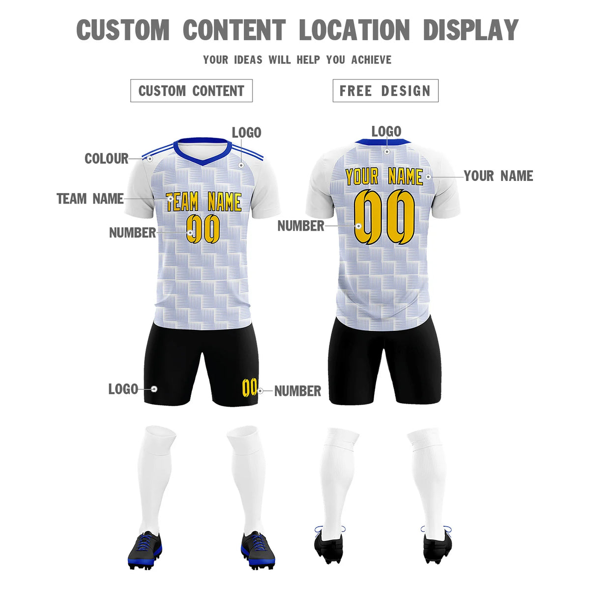 Custom White Royal Blue Casual Outdoor Soccer Sets Jersey