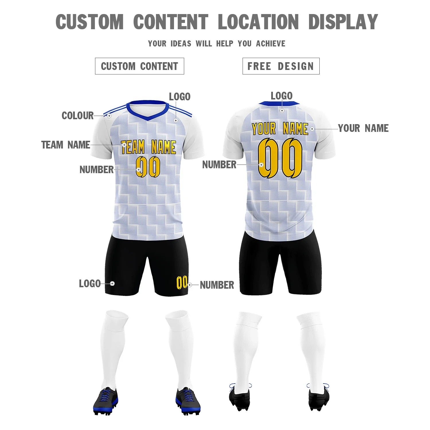 Custom White Royal Blue Casual Outdoor Soccer Sets Jersey