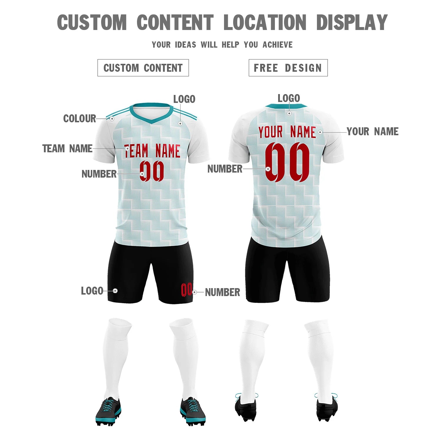 Custom White Aqua Casual Outdoor Soccer Sets Jersey