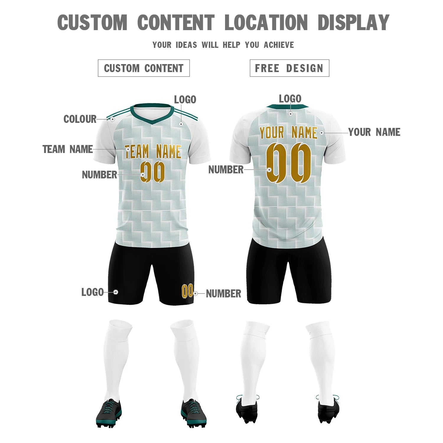 Custom White Midnight Green Casual Outdoor Soccer Sets Jersey