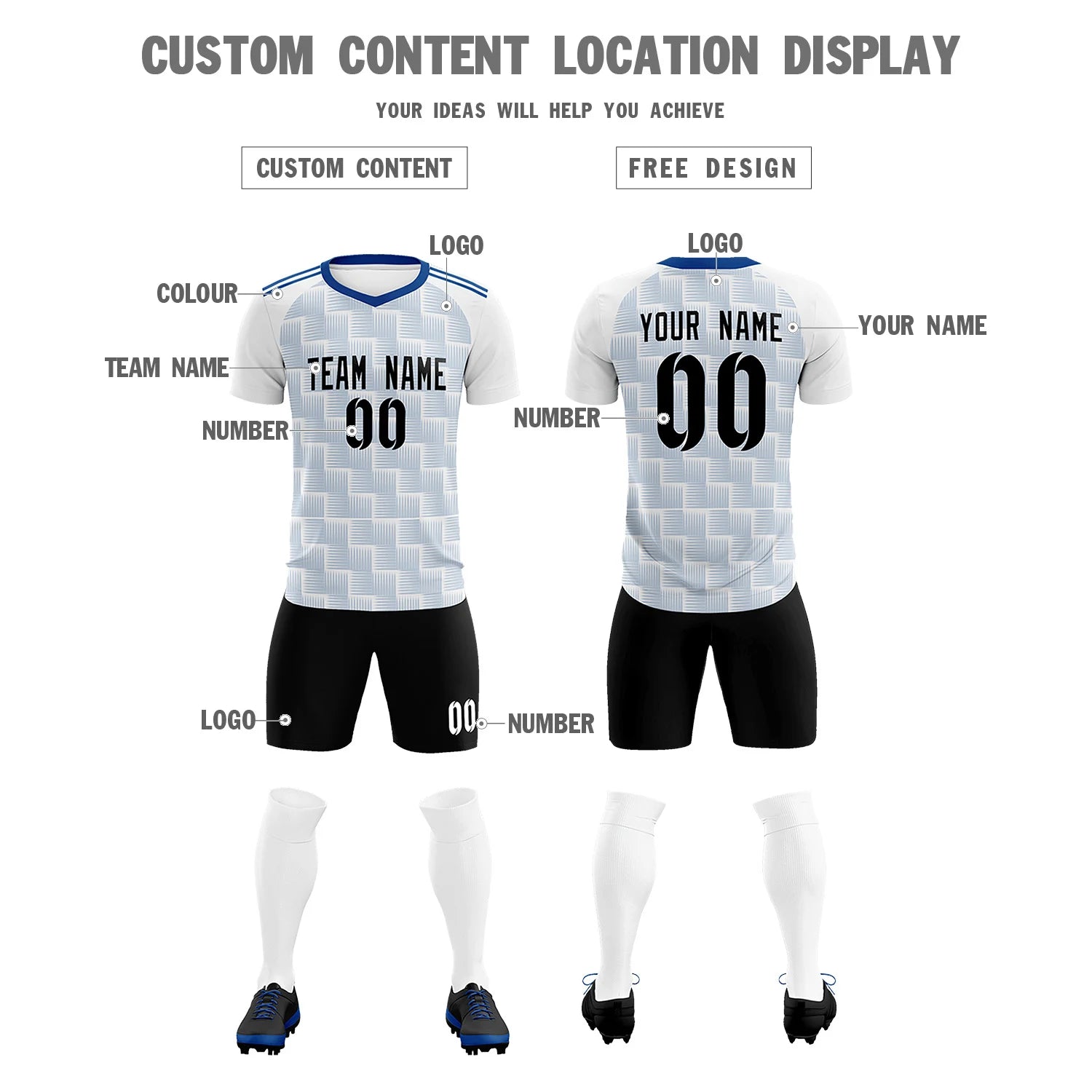 Custom White Royal Blue Casual Outdoor Soccer Sets Jersey