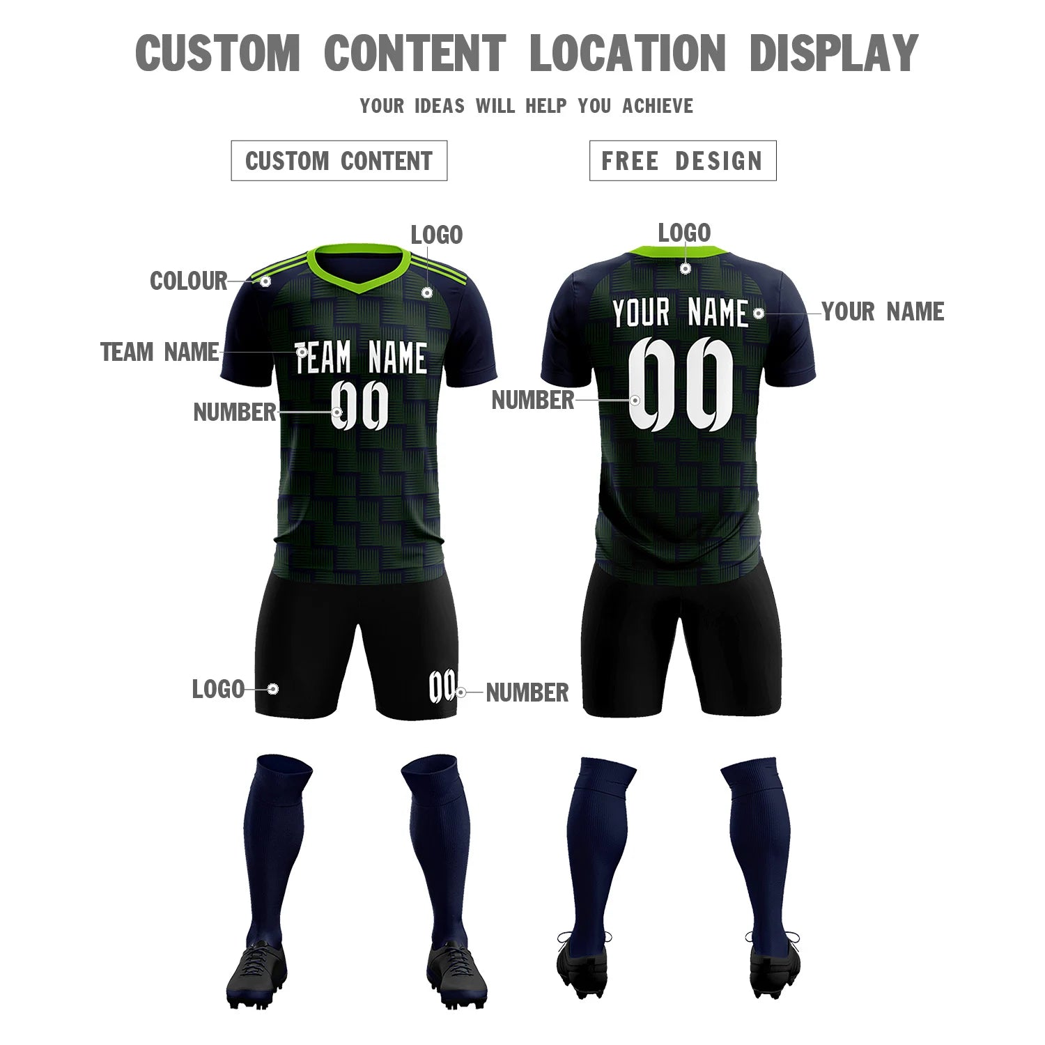 Custom Navy Neon Green Casual Outdoor Soccer Sets Jersey