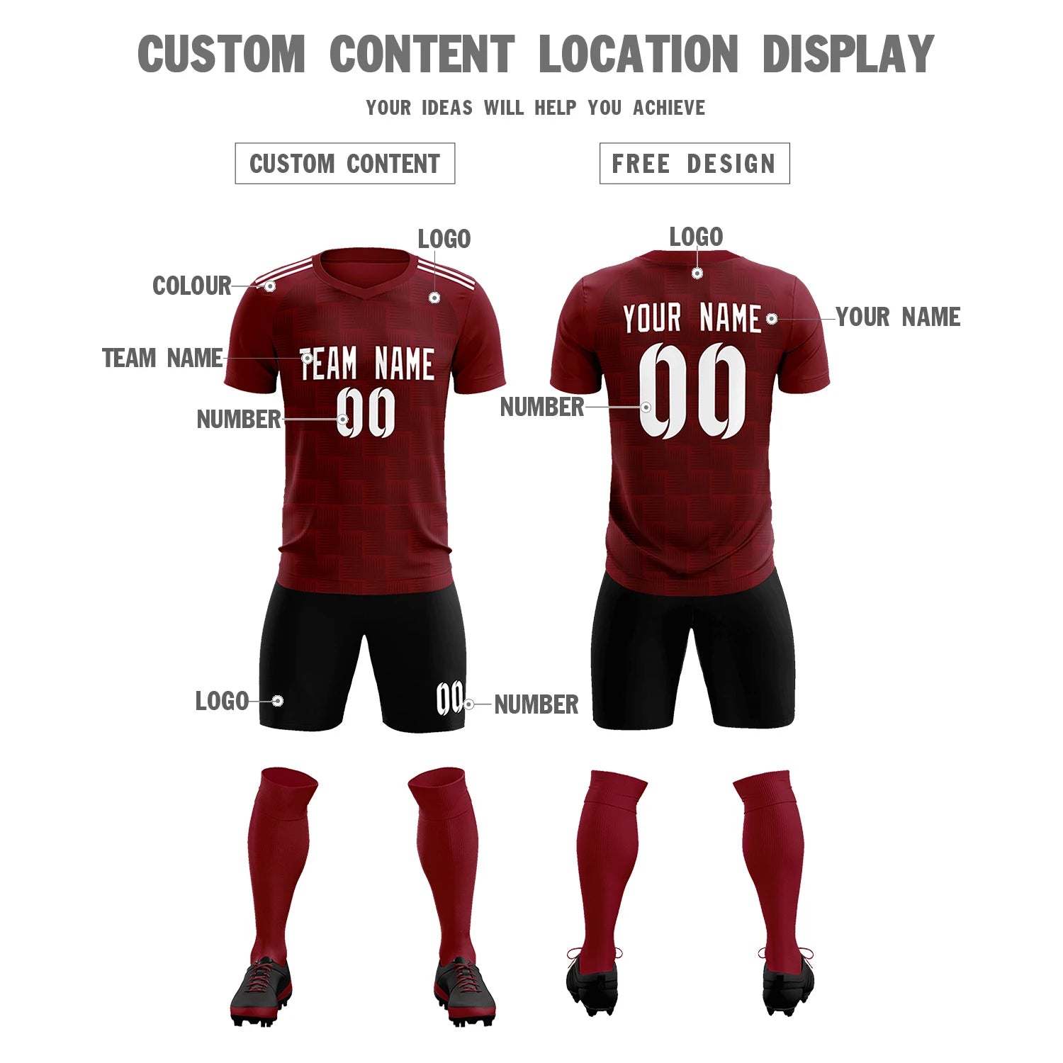 Custom Crimson Black Casual Outdoor Soccer Sets Jersey