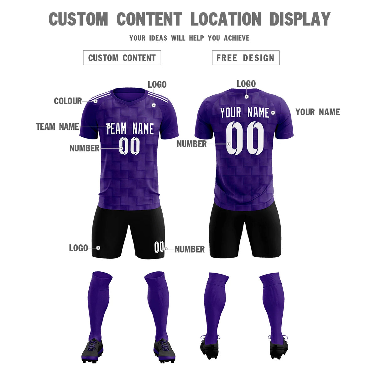 Custom Purple Black Casual Outdoor Soccer Sets Jersey