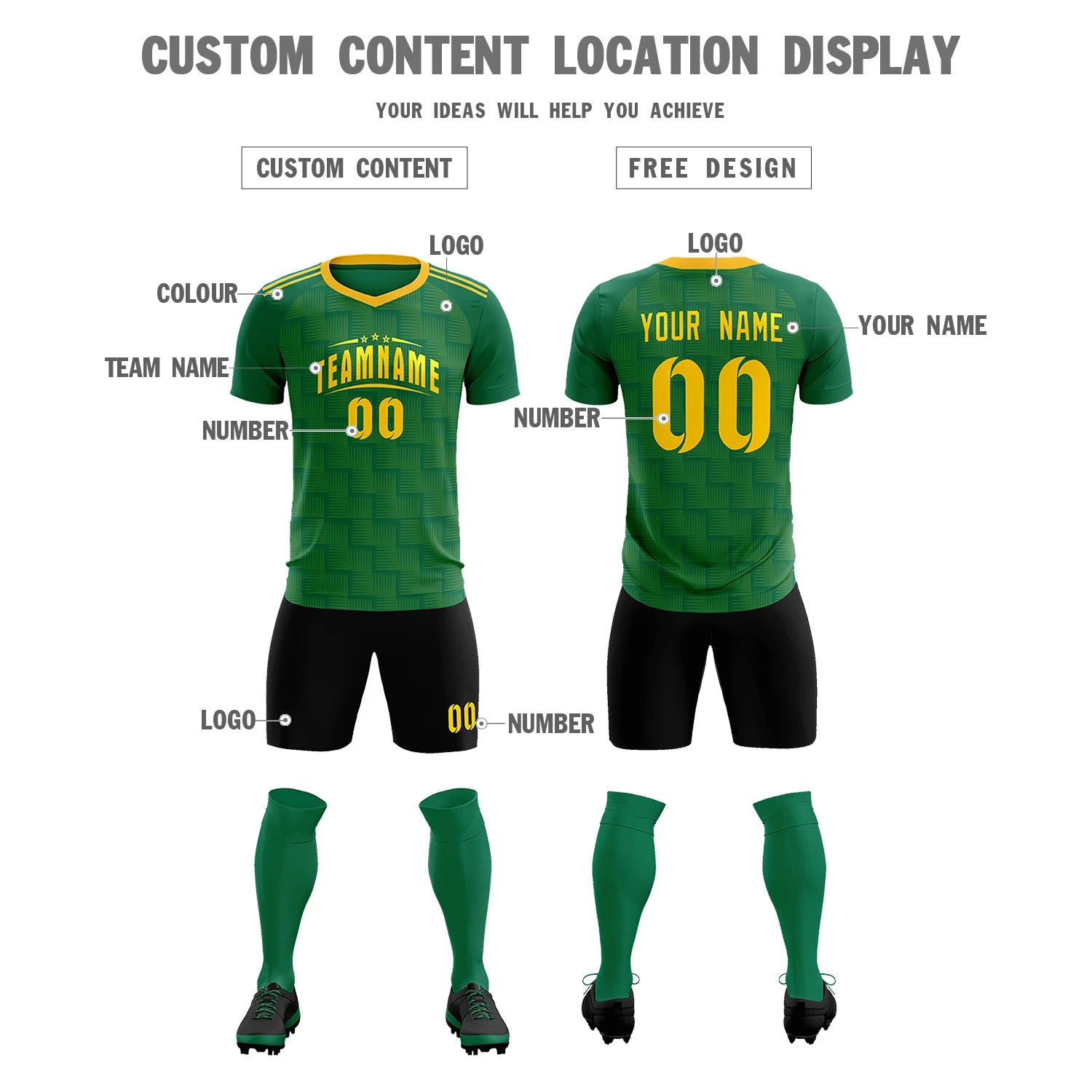 Custom Kelly Green Yellow Casual Outdoor Soccer Sets Jersey