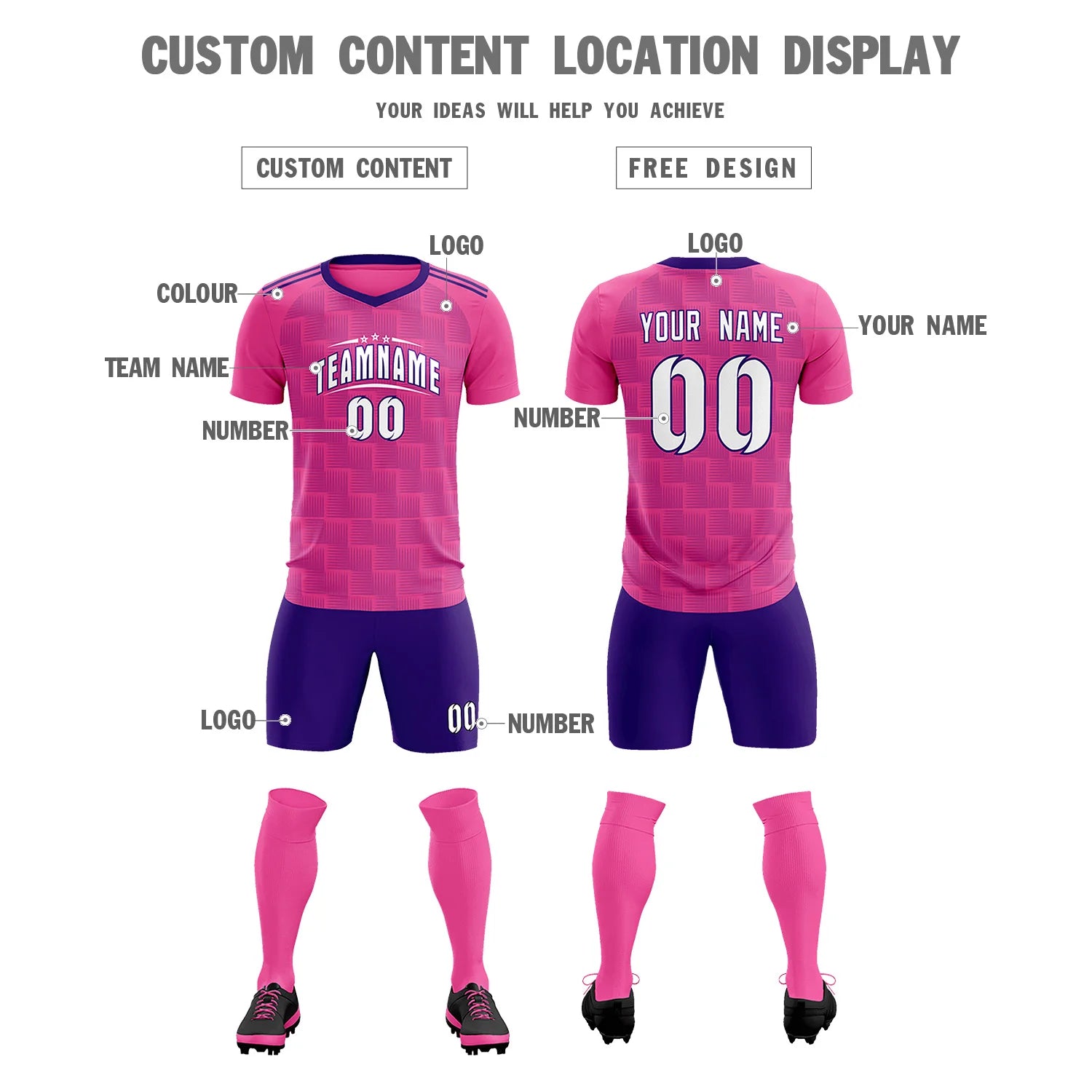 Custom Pink Purple Casual Outdoor Soccer Sets Jersey