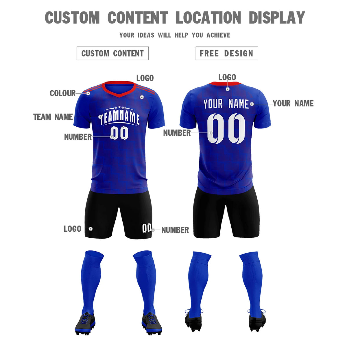 Custom Royal Blue Red Casual Outdoor Soccer Sets Jersey