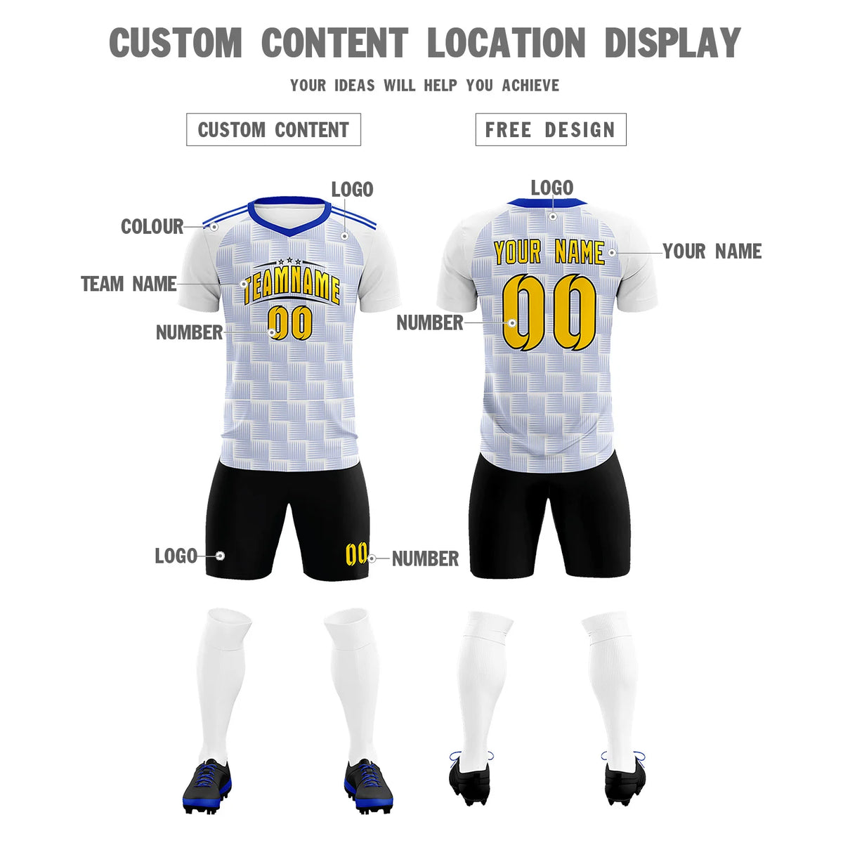 Custom White Royal Blue Casual Outdoor Soccer Sets Jersey