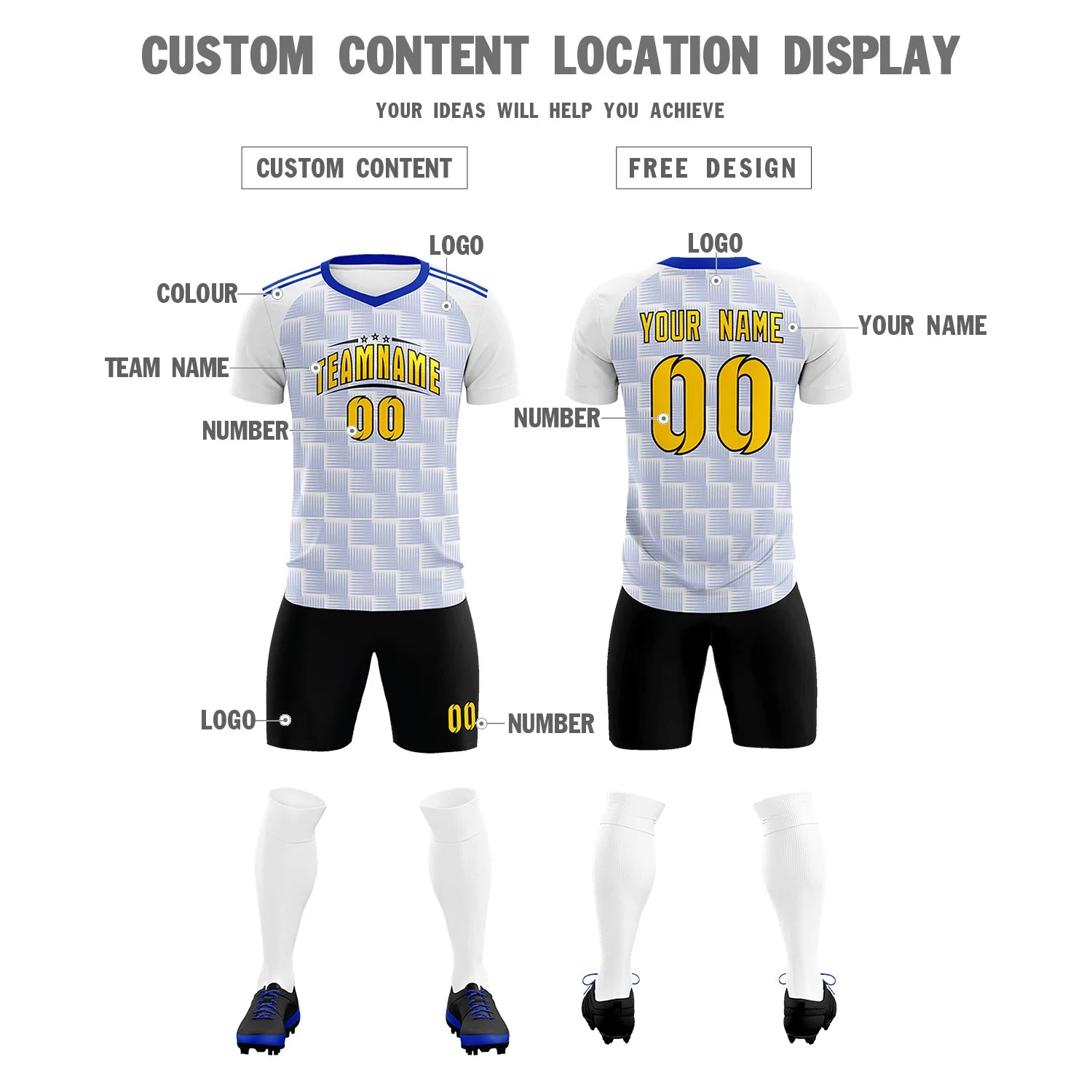 Custom White Royal Blue Casual Outdoor Soccer Sets Jersey