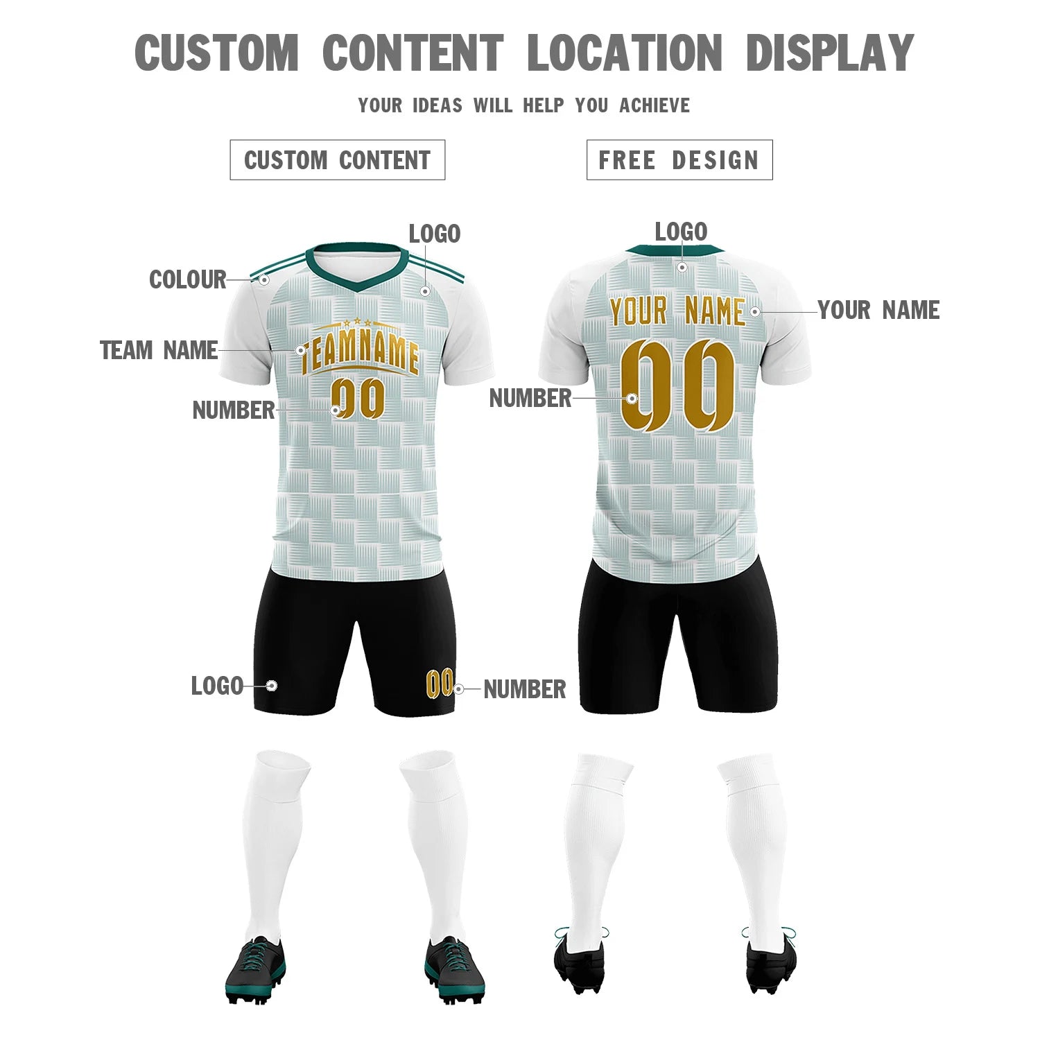 Custom White Midnight Green Casual Outdoor Soccer Sets Jersey