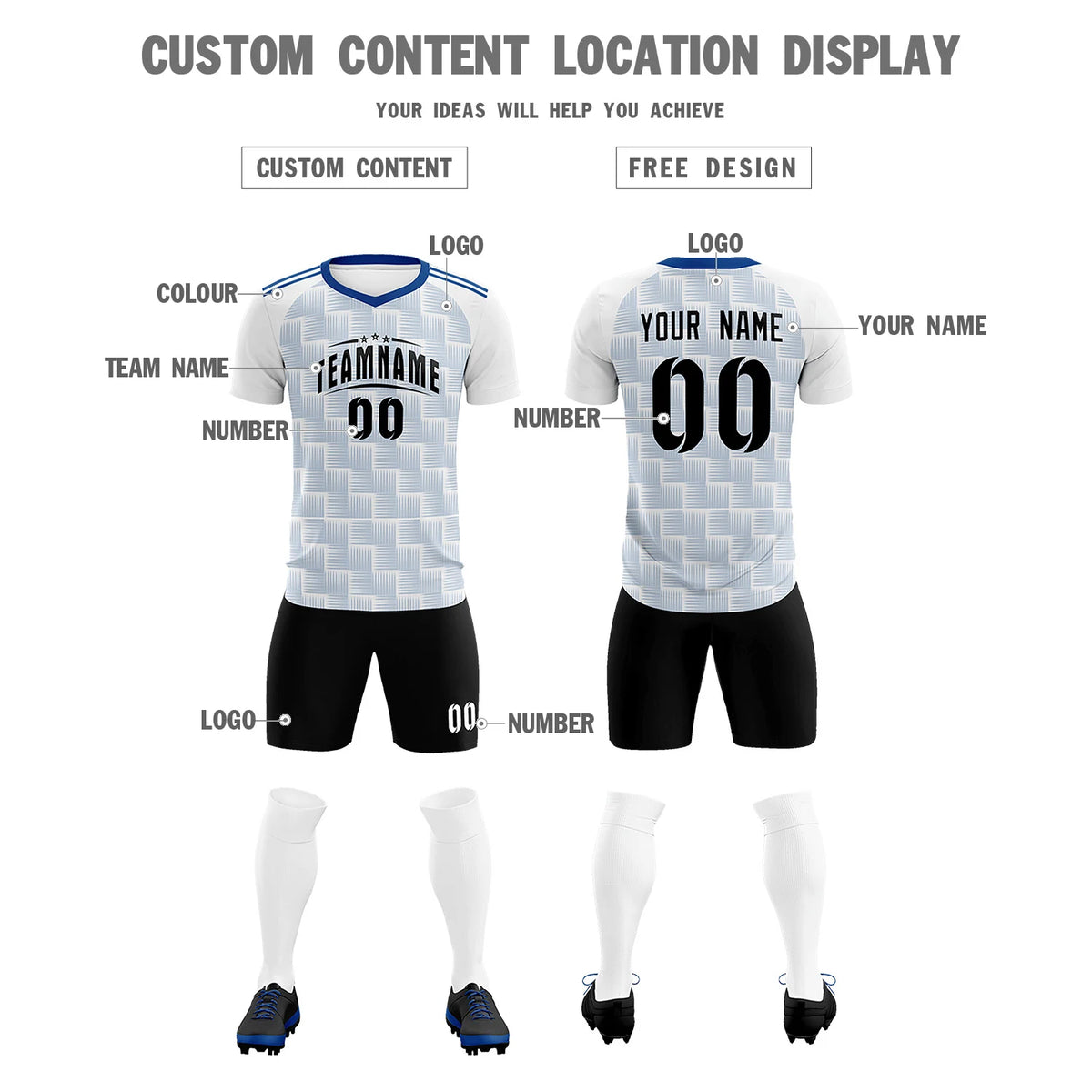 Custom White Royal Blue Casual Outdoor Soccer Sets Jersey