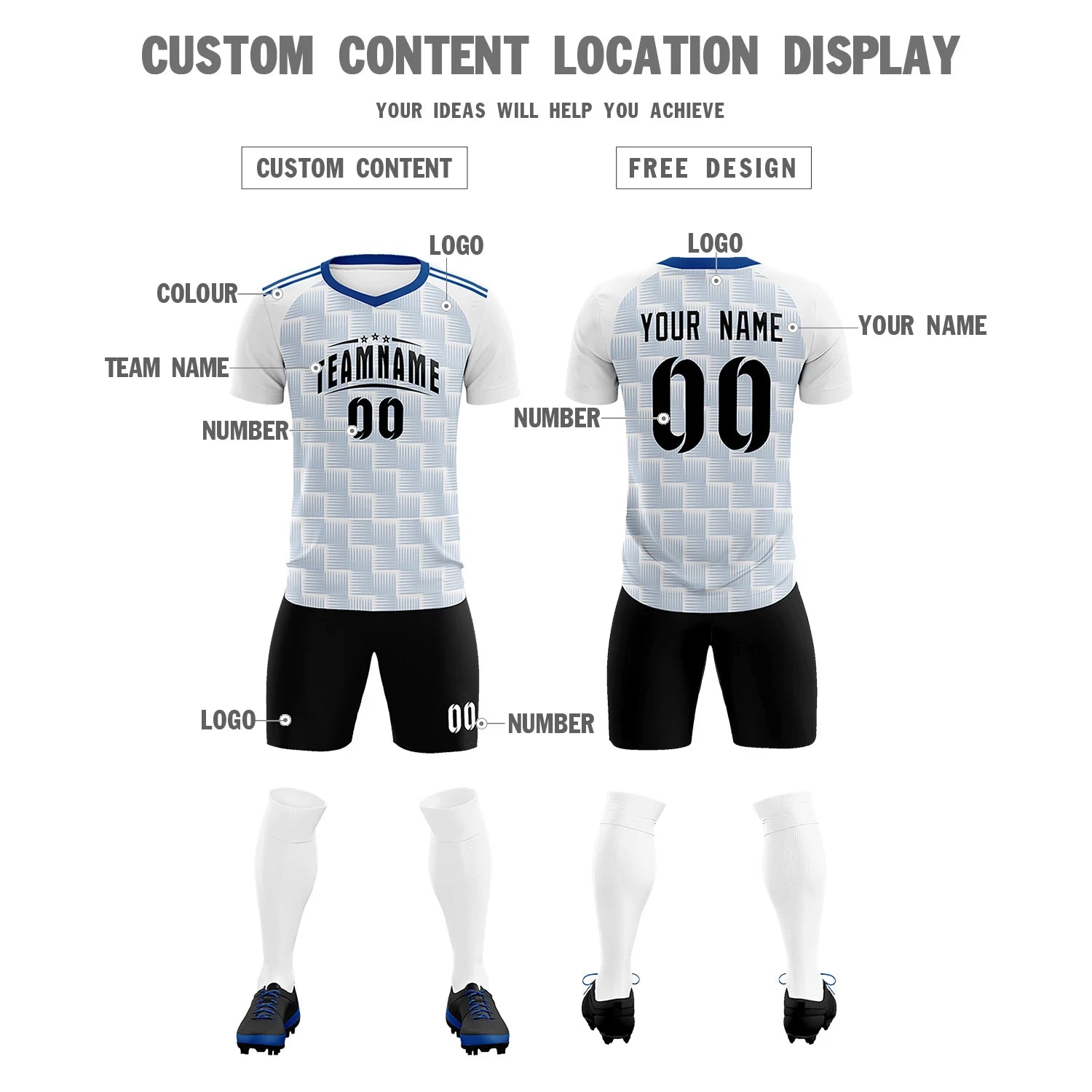 Custom White Royal Blue Casual Outdoor Soccer Sets Jersey