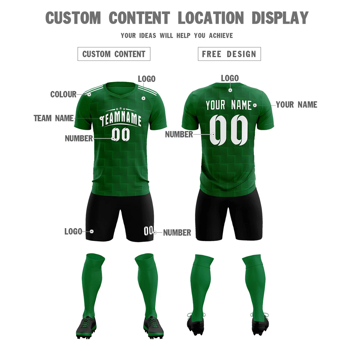 Custom Kelly Green Black Casual Outdoor Soccer Sets Jersey