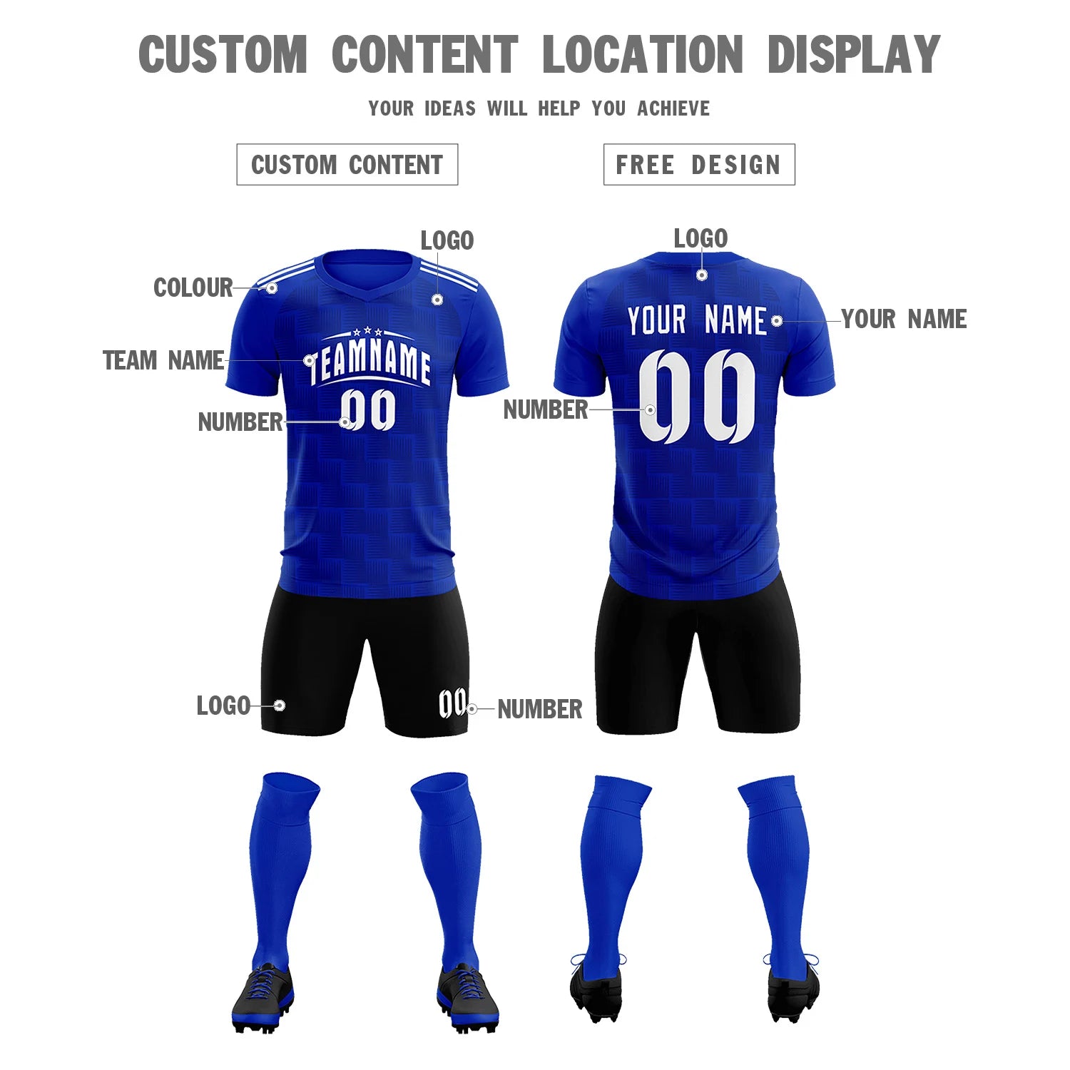 Custom Royal Blue Black Casual Outdoor Soccer Sets Jersey