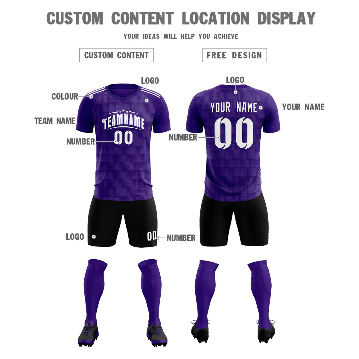 Custom Purple Black Casual Outdoor Soccer Sets Jersey