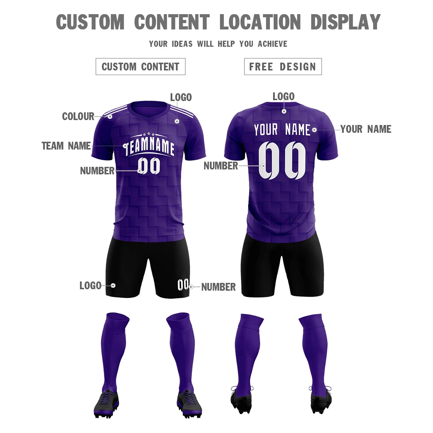 Custom Purple Black Casual Outdoor Soccer Sets Jersey