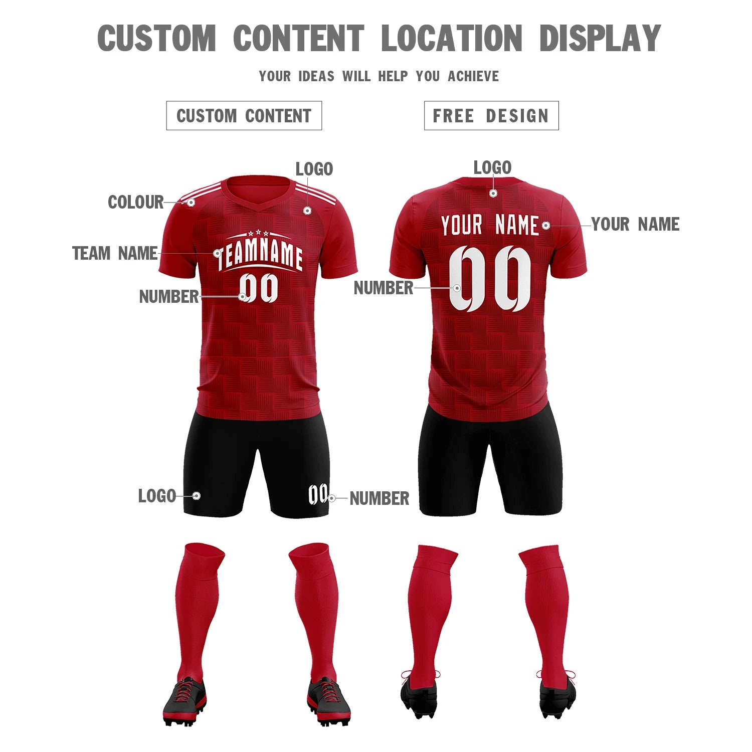 Custom Red Black Casual Outdoor Soccer Sets Jersey