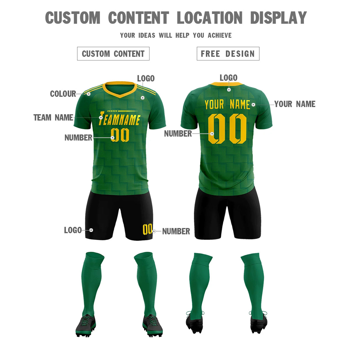 Custom Kelly Green Yellow Casual Outdoor Soccer Sets Jersey