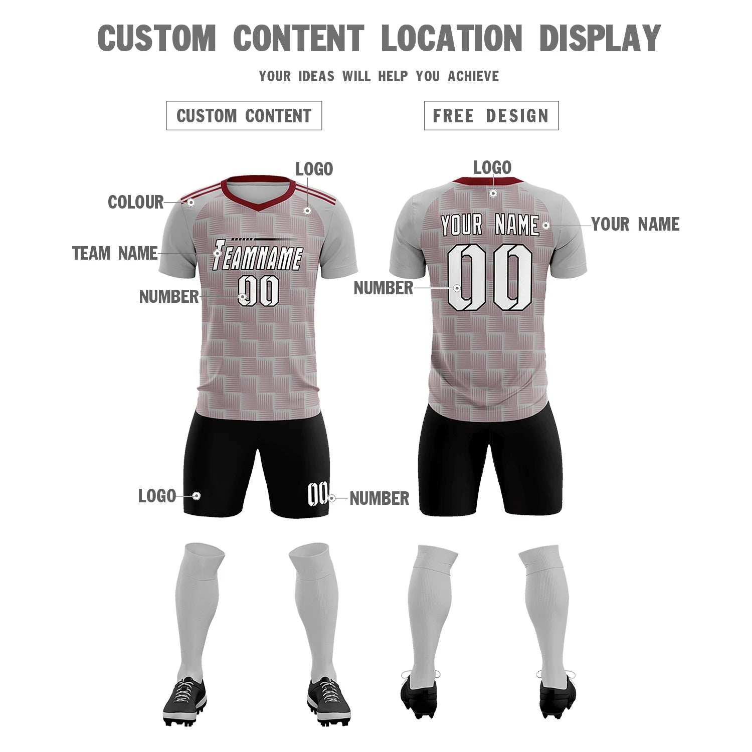 Custom Gray Crimson Casual Outdoor Soccer Sets Jersey