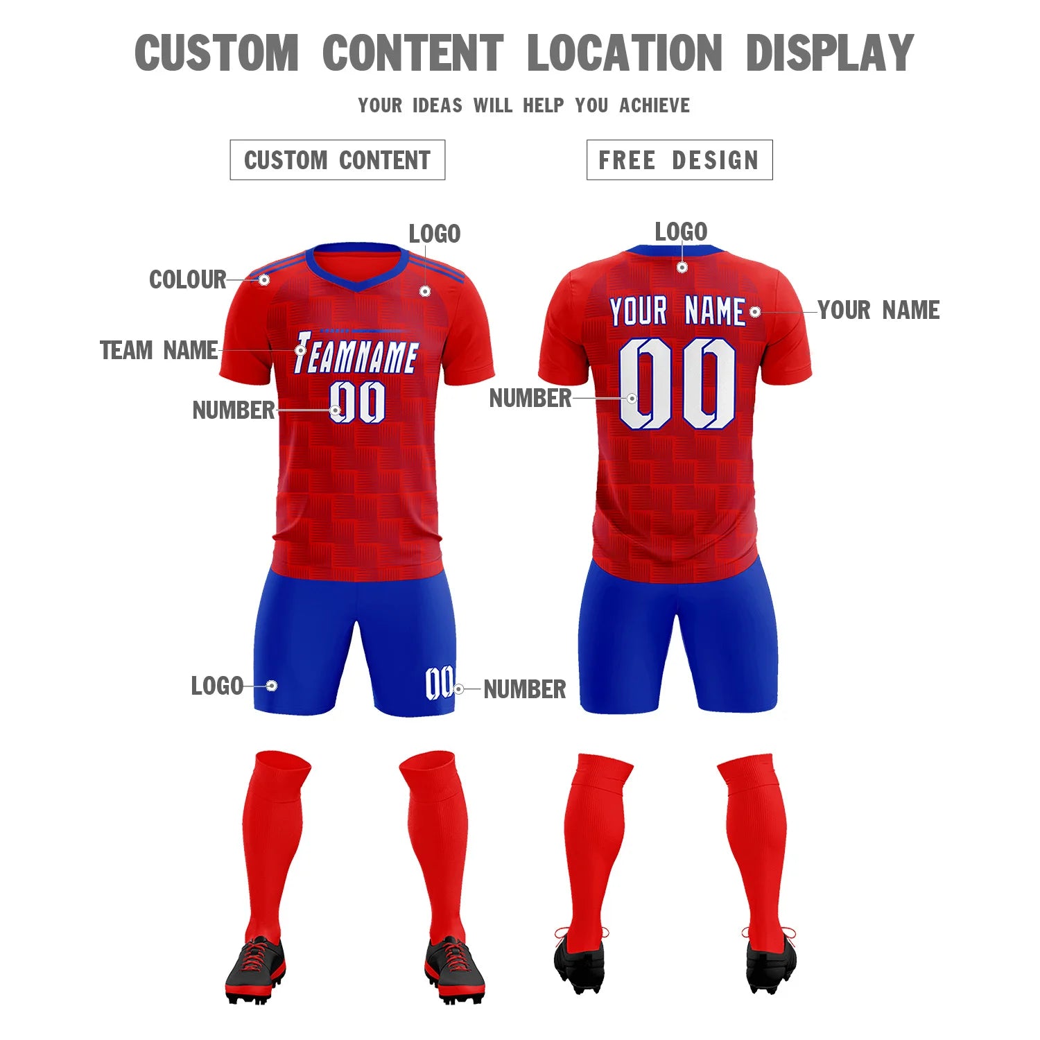 Custom Red Royal Blue Casual Outdoor Soccer Sets Jersey