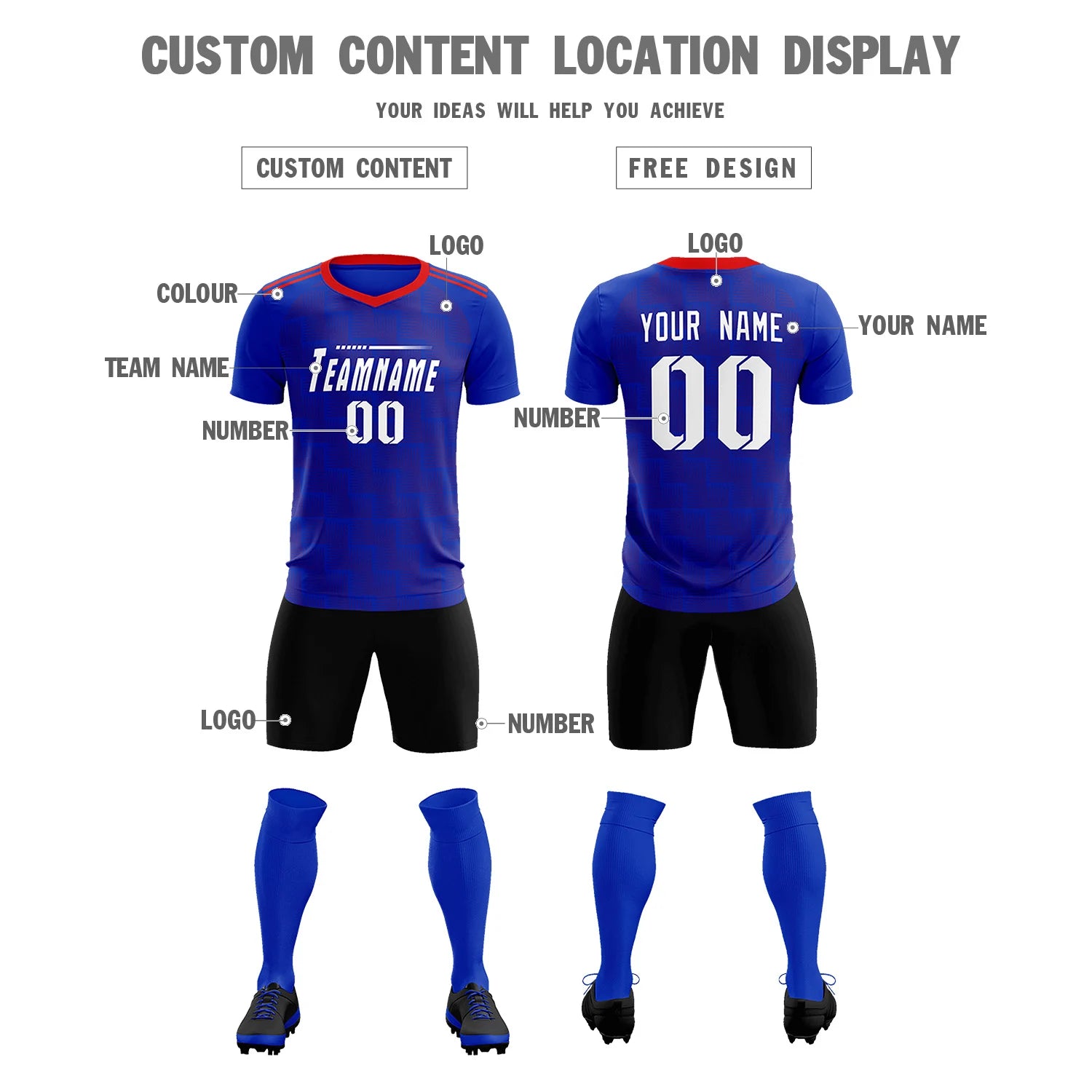 Custom Royal Blue Red Casual Outdoor Soccer Sets Jersey