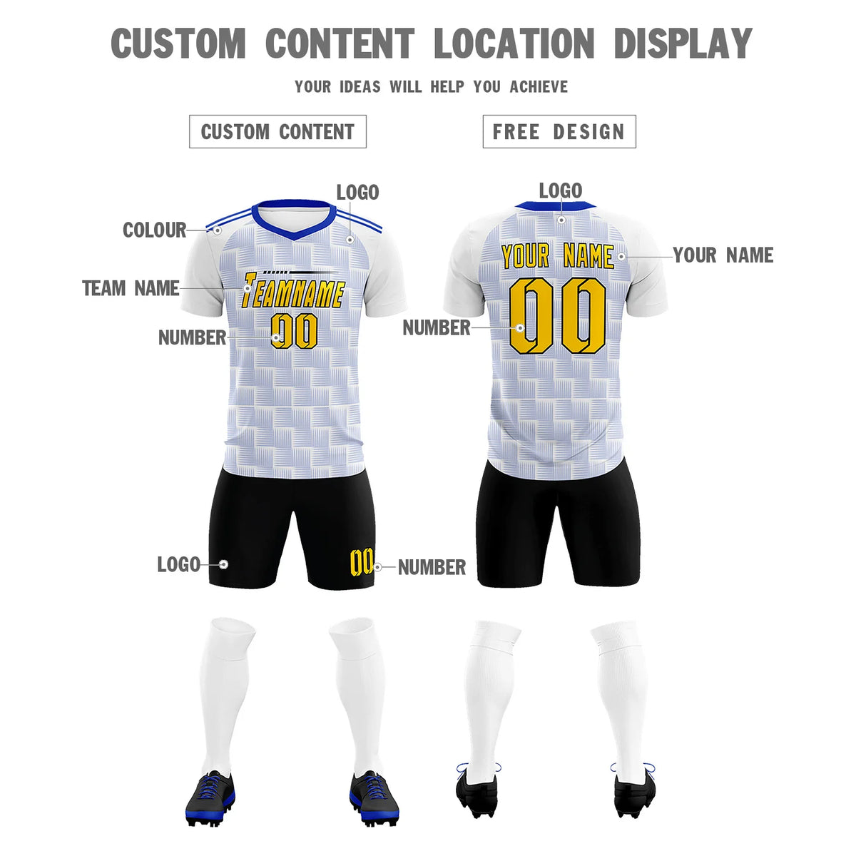 Custom White Royal Blue Casual Outdoor Soccer Sets Jersey