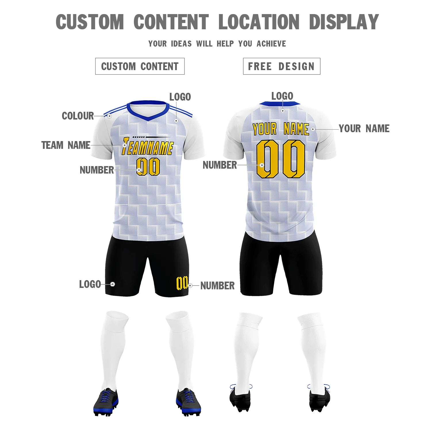 Custom White Royal Blue Casual Outdoor Soccer Sets Jersey