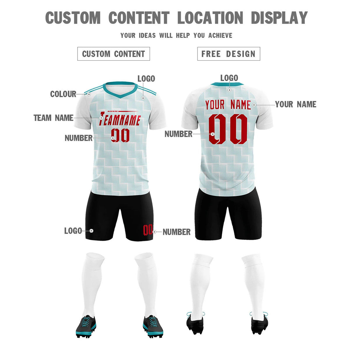 Custom White Aqua Casual Outdoor Soccer Sets Jersey