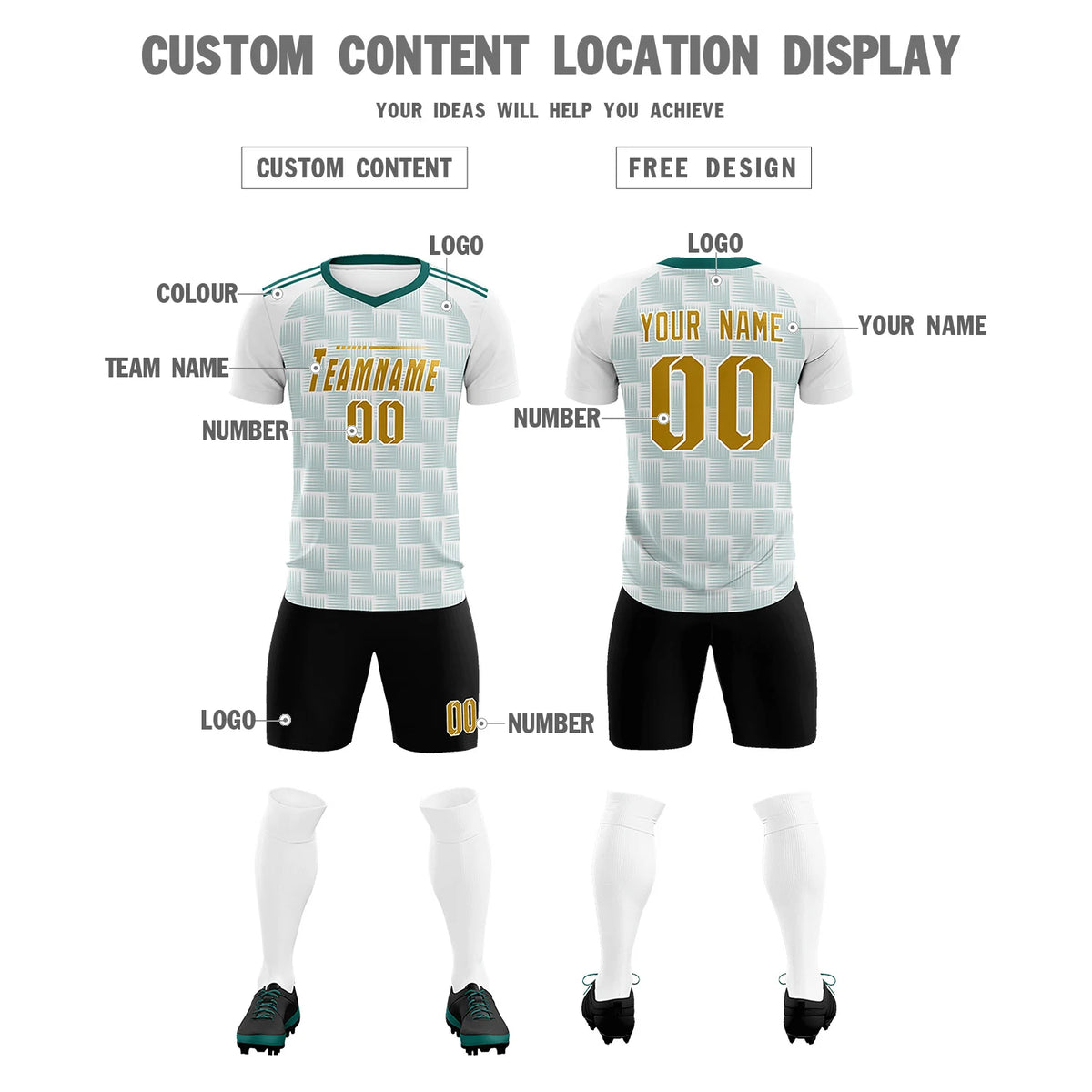 Custom White Midnight Green Casual Outdoor Soccer Sets Jersey