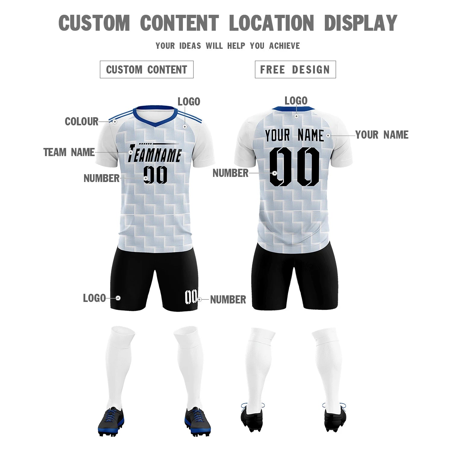 Custom White Royal Blue Casual Outdoor Soccer Sets Jersey