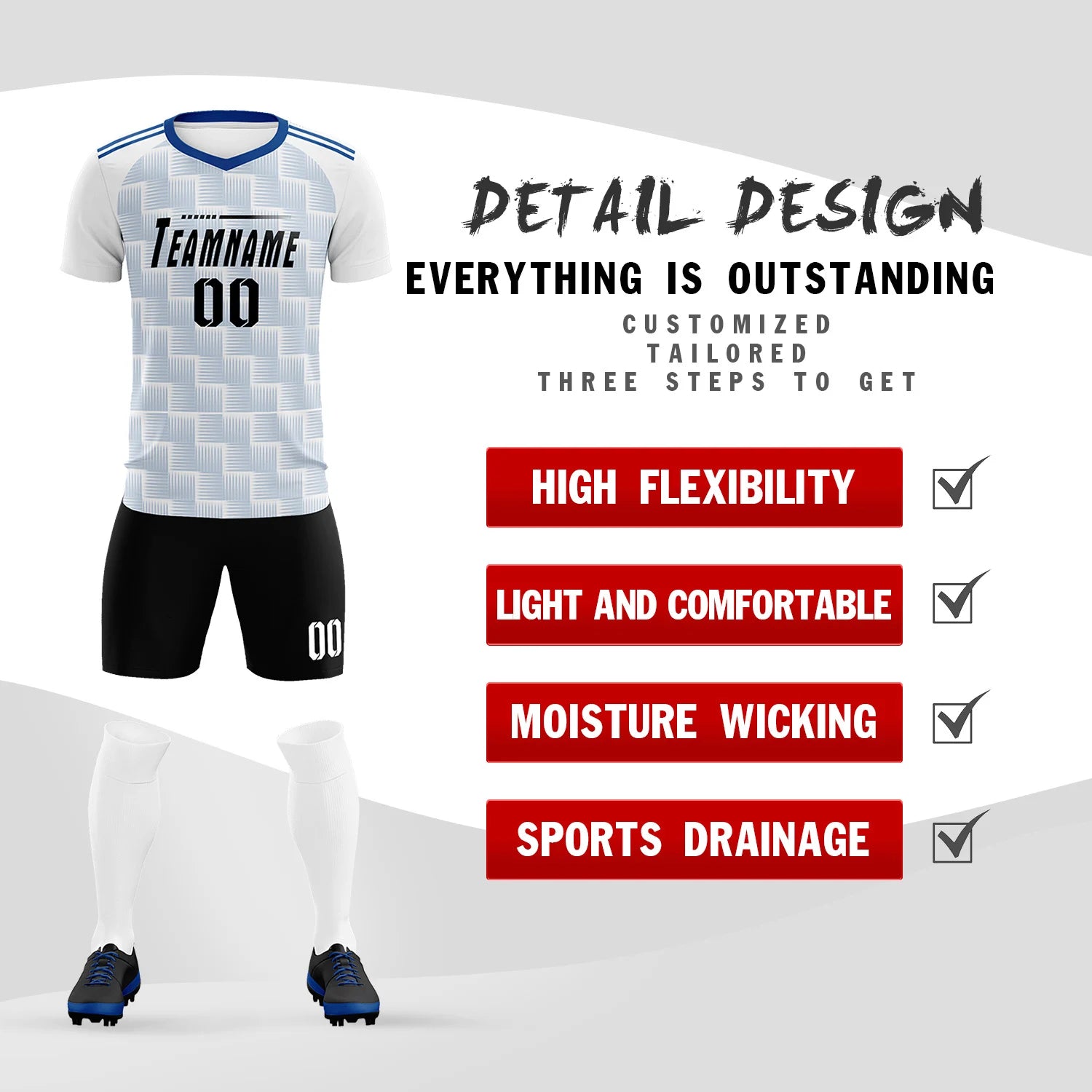 Custom White Royal Blue Casual Outdoor Soccer Sets Jersey