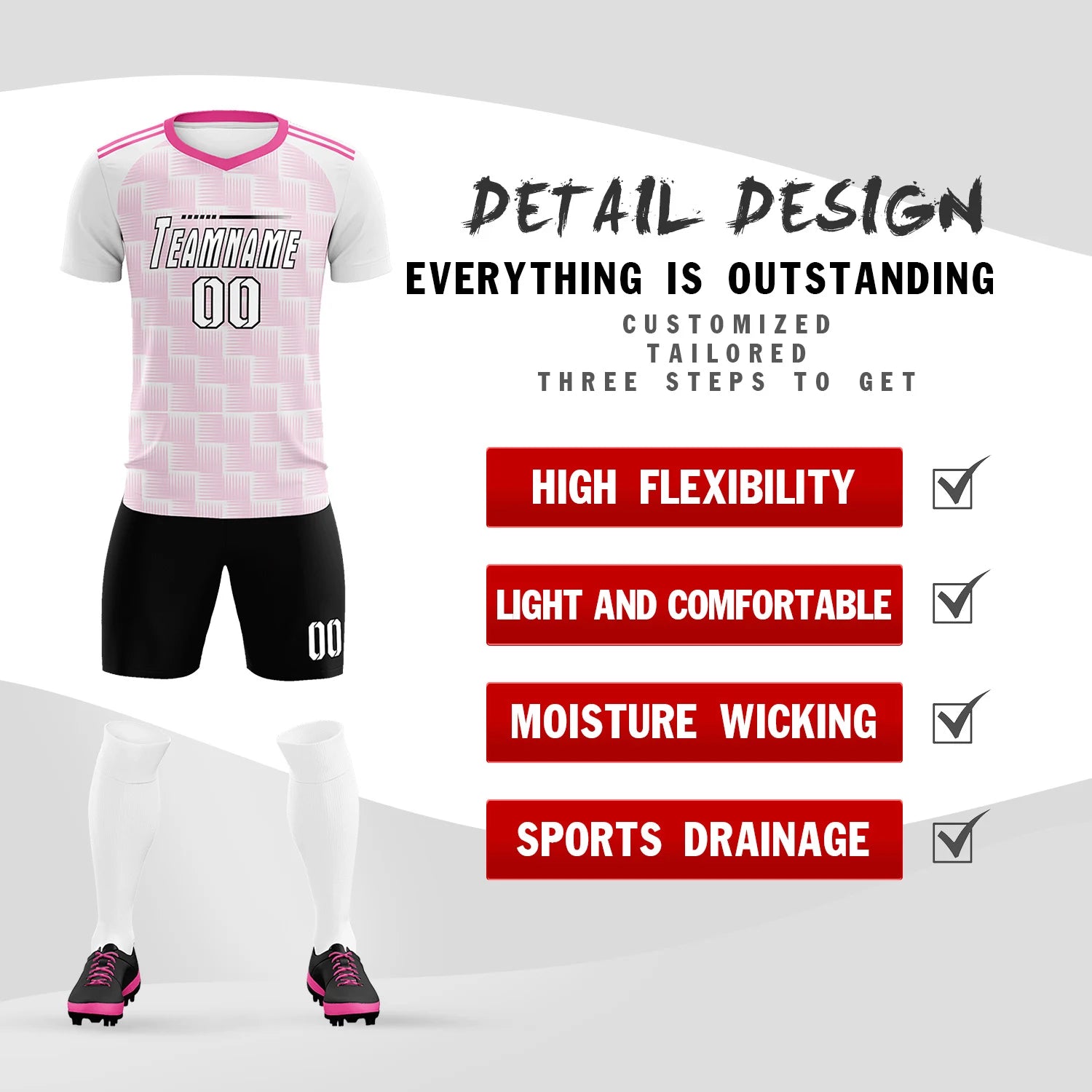 Custom White Pink Casual Outdoor Soccer Sets Jersey