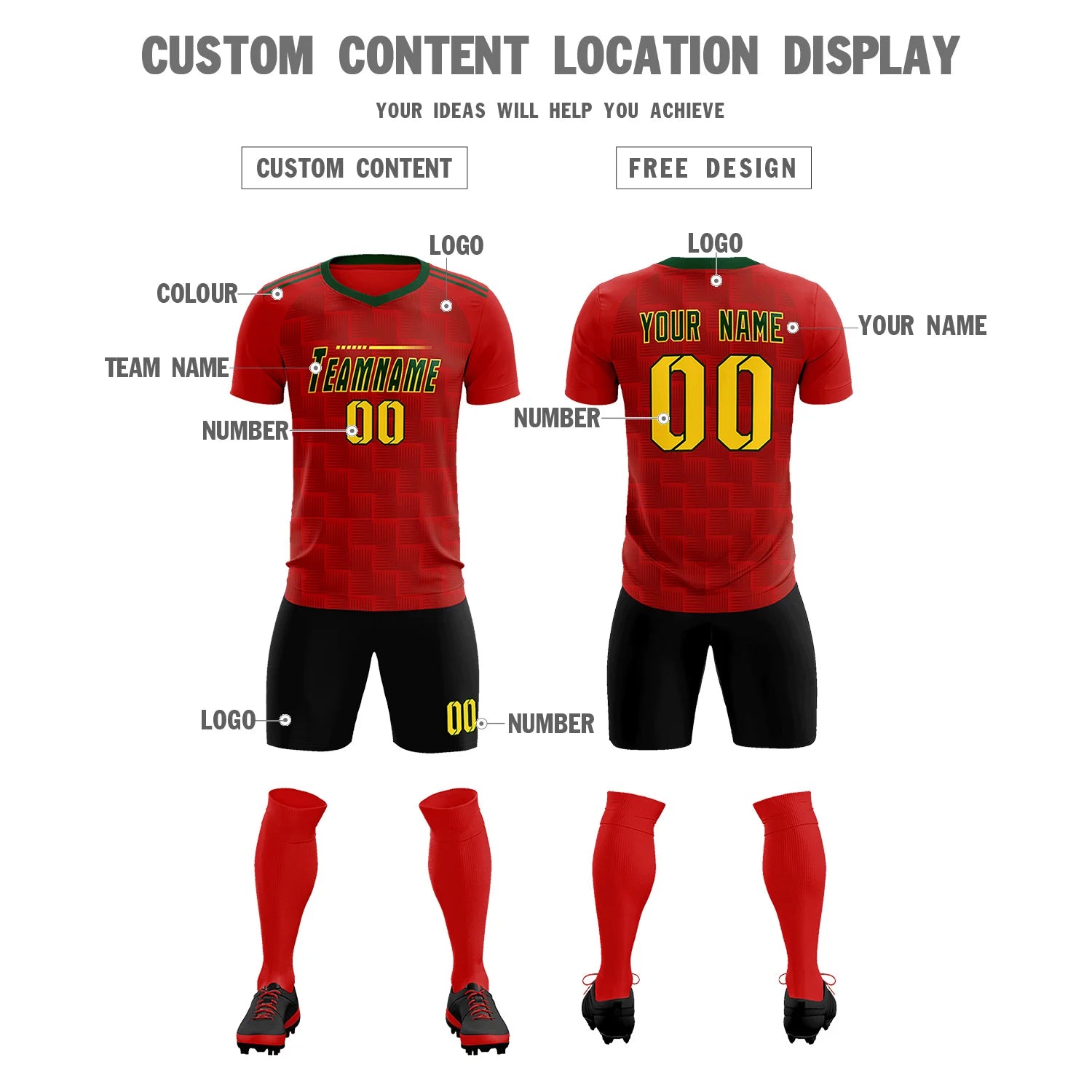 Custom Red Green Casual Outdoor Soccer Sets Jersey