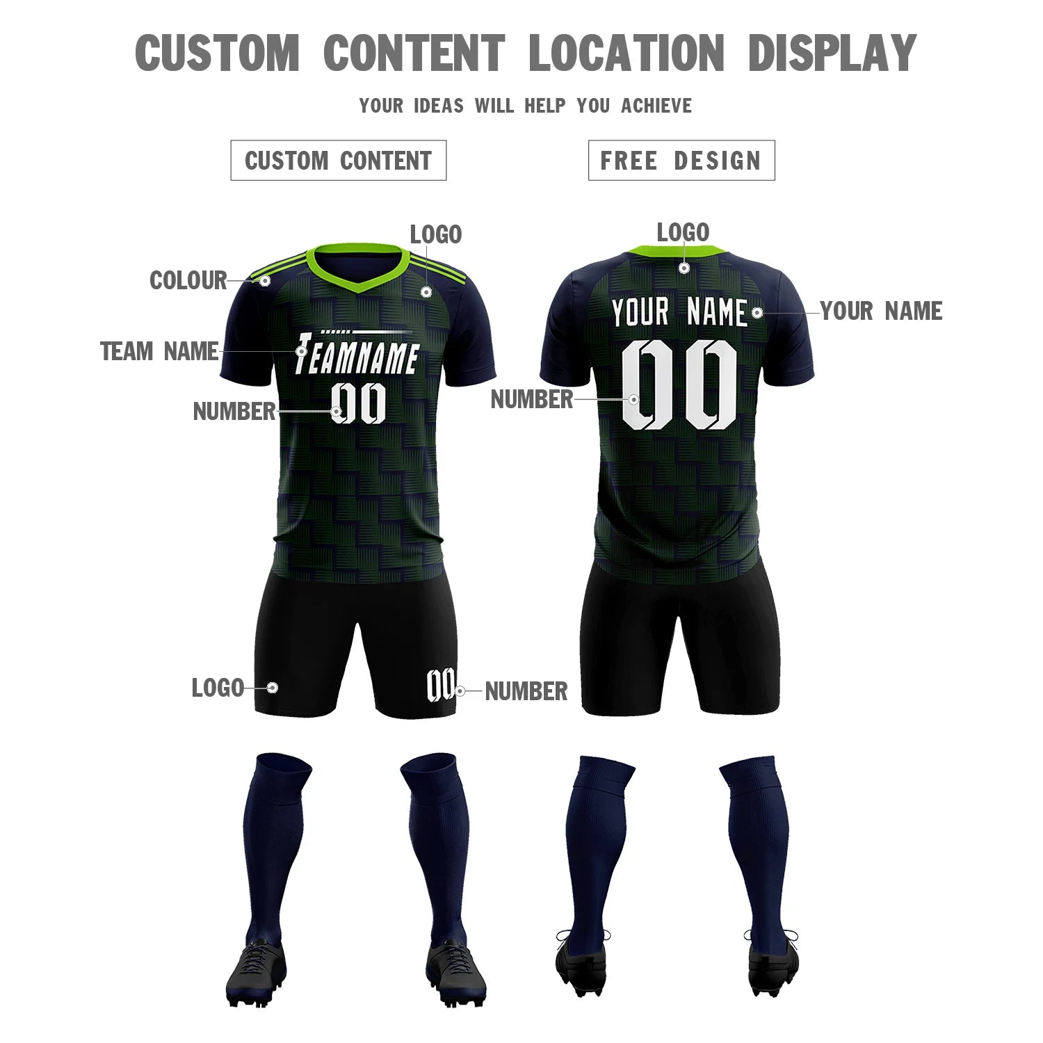 Custom Navy Neon Green Casual Outdoor Soccer Sets Jersey