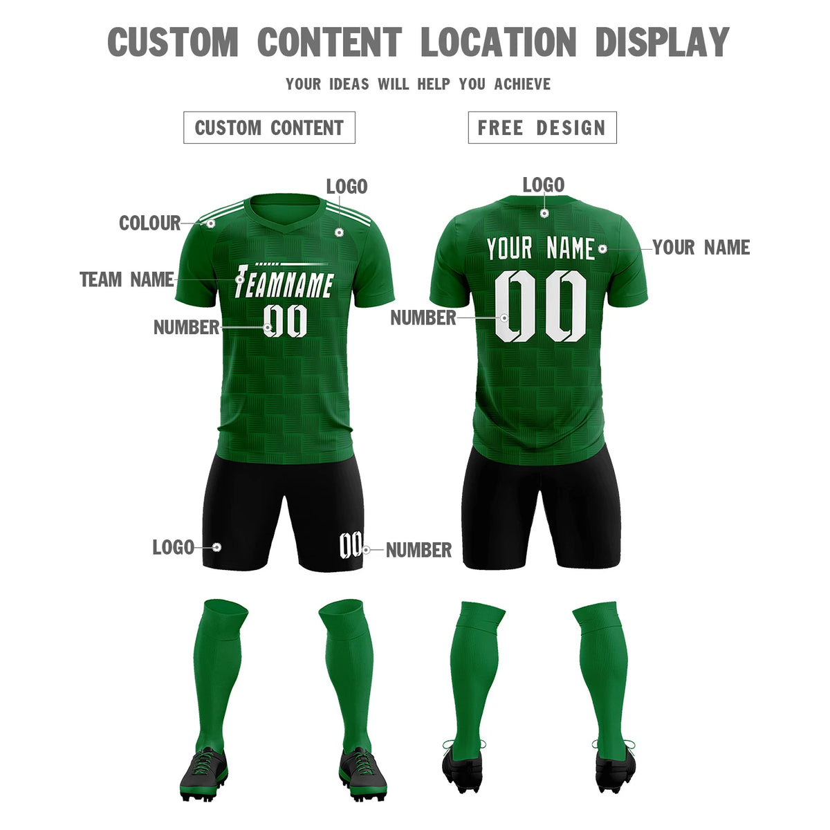 Custom Kelly Green Black Casual Outdoor Soccer Sets Jersey