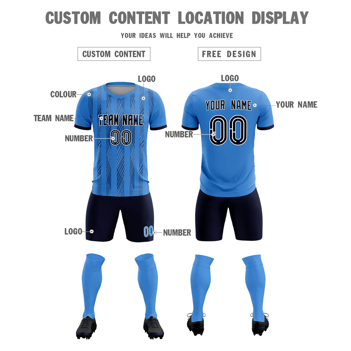 Custom Powder Blue Navy-White Soft Soccer Sets Jersey
